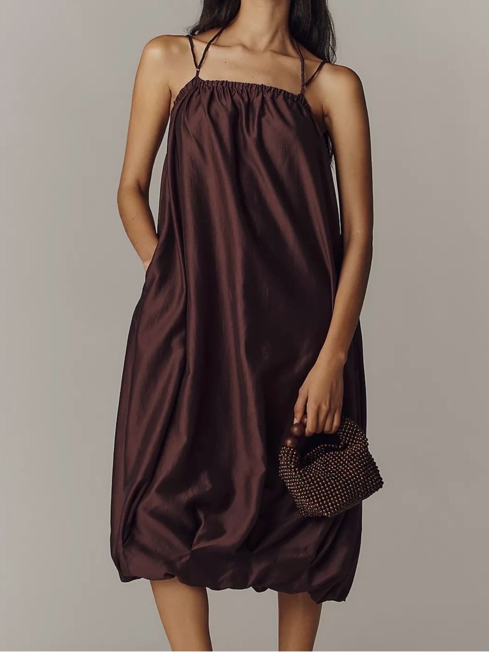 Anthropologie Chocolate Brown Midi Slip Dress with Spaghetti Straps
